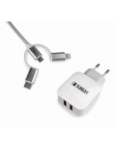 Cargador USB de viaje/pared 2 x USB (2.4A) + Cable 3en1