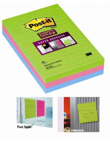 Notas Post-it® super StickyL ultra rayado pack 3